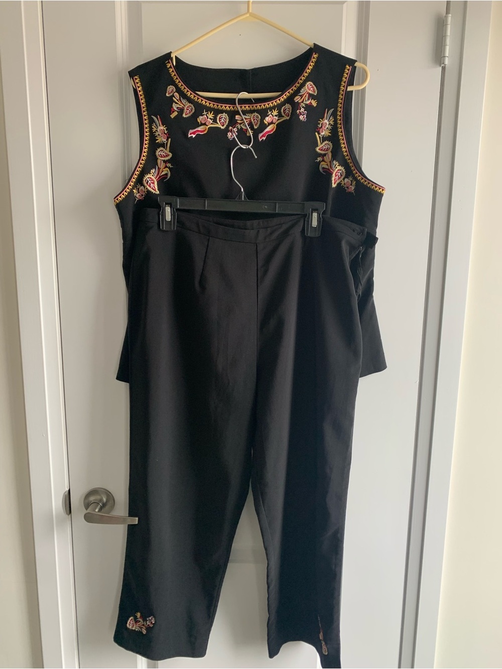 Vintage Black Embroidered Sleeveless Top & Pants Set